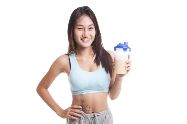 Schöne asiatische gesunde Mädchen mit Molkenprotein. — Stockfoto