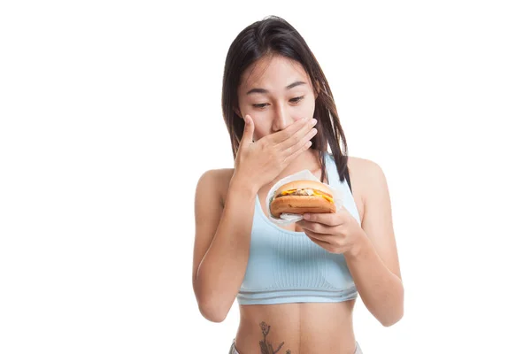 Красиві Азіатські дівчата здорові насолоджуватися їжею гамбургер. — стокове фото