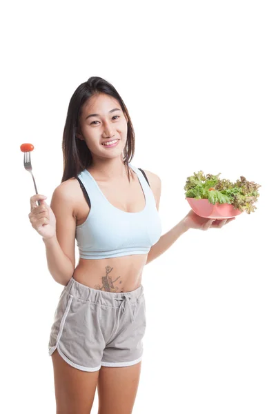 Menina saudável asiática bonita gosta de comer salada . — Fotografia de Stock