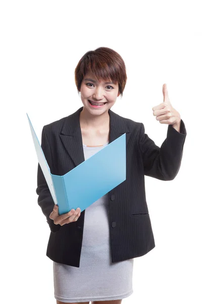 Young Asian working woman thumbs up with folder. — Stock Photo, Image