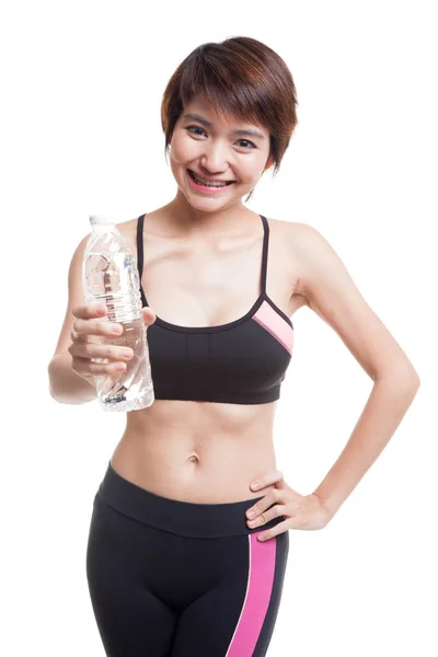 Beautiful Asian healthy girl with bottle of drinking water. — Stock Photo, Image