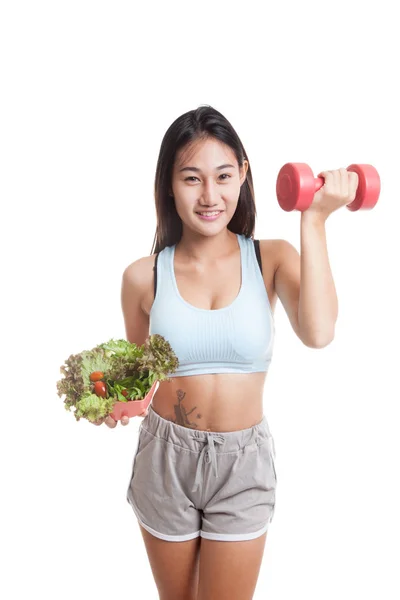 Beautiful Asian healthy girl with dumbbell and salad. — Stock Photo, Image