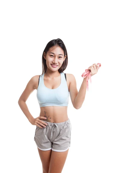 Beautiful Asian healthy girl with measuring tape. — Stock Photo, Image