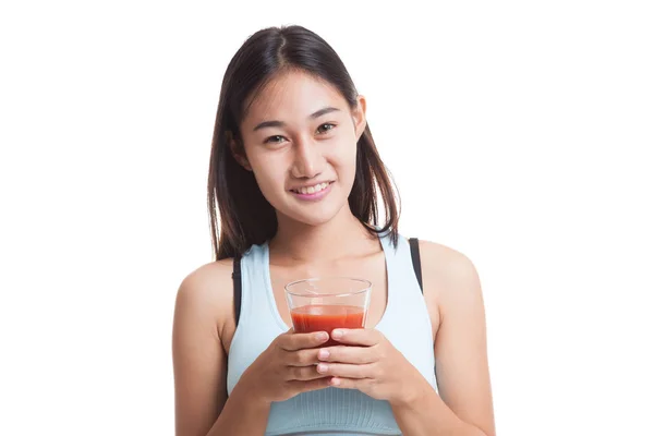 Mooie gezonde Aziatisch meisje met tomatensap. — Stockfoto