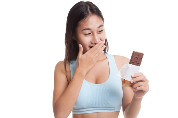 Szép egészséges ázsiai lány boldog, csokoládé. — Stock Fotó