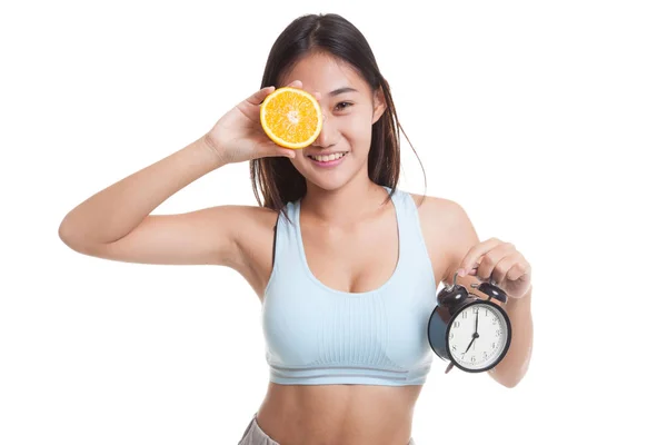 Bella asiatica ragazza sana con arancione e orologio . — Foto Stock