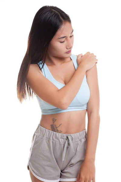 Asian healthy girl got shoulder pain. — Stock Photo, Image
