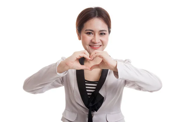 Junge asiatische Geschäftsfrau zeigt Herz Handzeichen. — Stockfoto