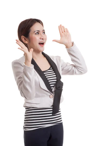 Excited young Asian business woman look up. — Stock Photo, Image