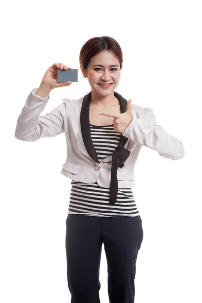 Young Asian business woman point to a blank card. — Stock Photo, Image