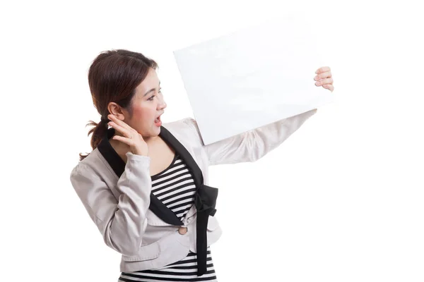 Young Asian business woman  surprise with  white blank sign. — Stock Photo, Image