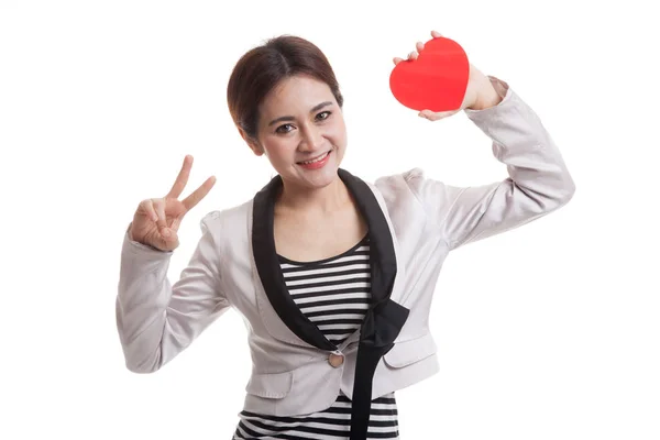 Asian business woman show victory sign with red heart. — Stock Photo, Image