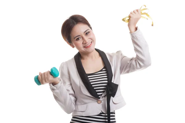 Healthy Asian business woman with dumbbells and measuring tape. — Stock Photo, Image