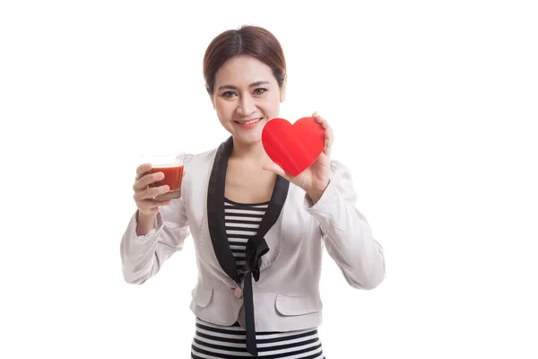 Young Asian business woman with tomato juice and red heart. — Stock Photo, Image