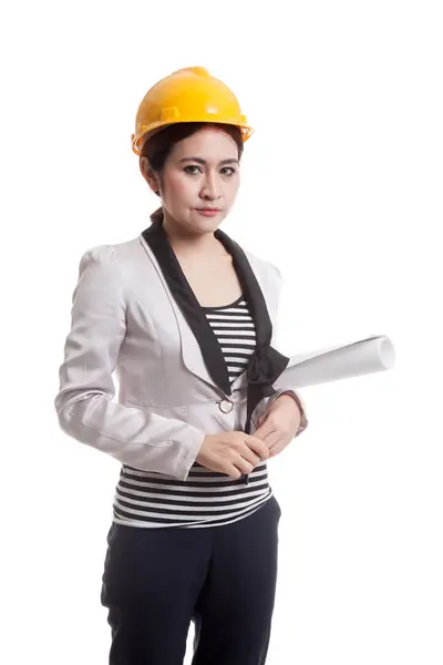 Mujer ingeniera asiática con planos . — Foto de Stock