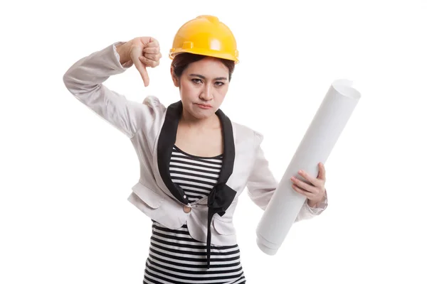 Asiático ingeniero mujer pulgares abajo con planos . — Foto de Stock