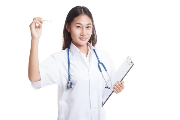 Young Asian female doctor with thermometer and clipboard. — Stock Photo, Image