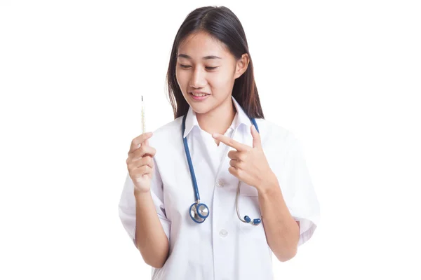 Close up young Asian female doctor with thermometer. — Stock Photo, Image