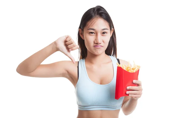 Aziatische gezond meisje duim omlaag met frietjes. — Stockfoto