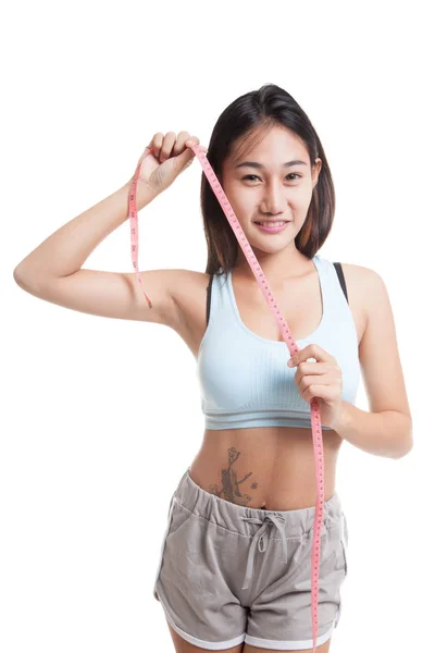 美しいアジアの健全な女の子測定テープ. — ストック写真