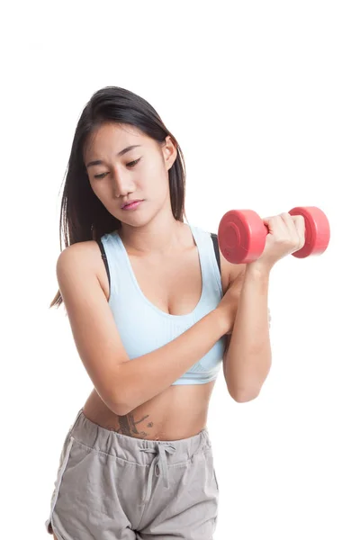 Asiática sana chica got brazo dolor con dumbbell . — Foto de Stock