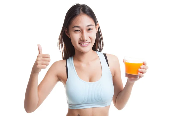 Schön asiatische gesunde Mädchen trinken Orangensaft Daumen nach oben. — Stockfoto