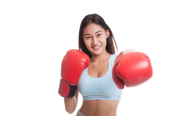 Beautiful healthy Asian girl with red boxing glove. — Stock Photo, Image