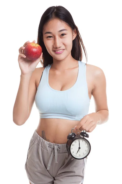 Gyönyörű ázsiai egészséges lány óra és almával. — Stock Fotó