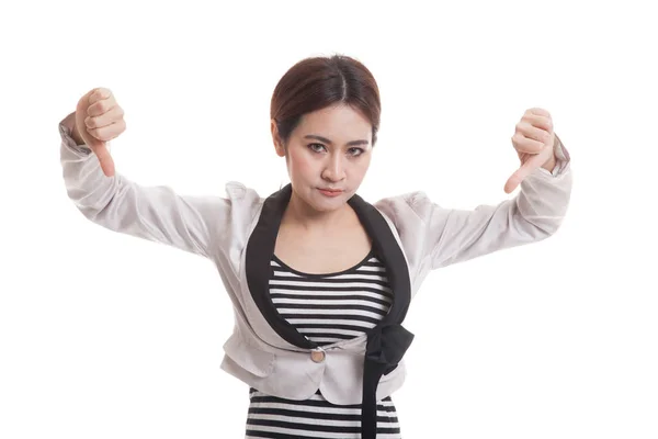 Feliz asiático oficina chica mostrar pulgares abajo con ambos manos . —  Fotos de Stock