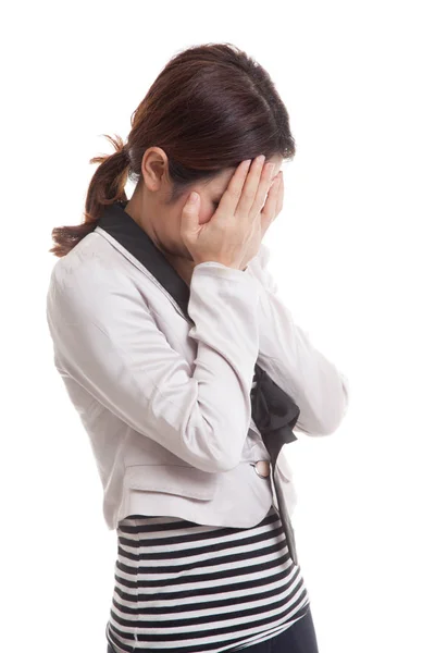 Sad young Asian businesswoman cry with palm to face. — Stock Photo, Image