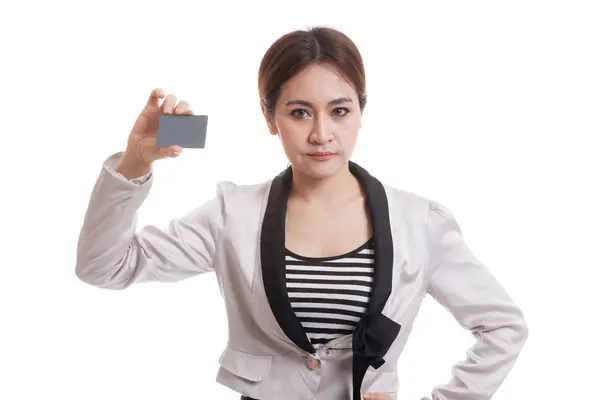 Young Asian business woman with a blank card. — Stock Photo, Image