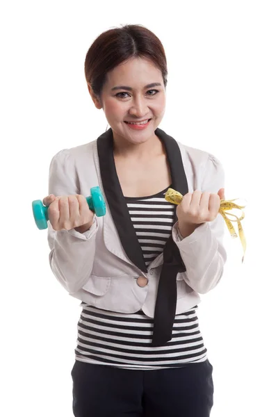 Healthy Asian business woman with dumbbells and measuring tape. — Stock Photo, Image
