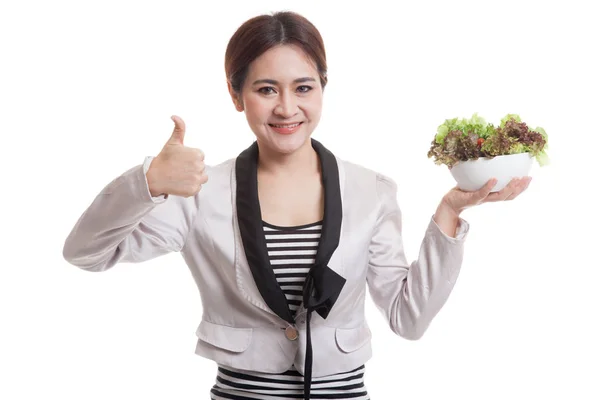 Frisk asiatiska affärer kvinna tummen upp med sallad. — Stockfoto