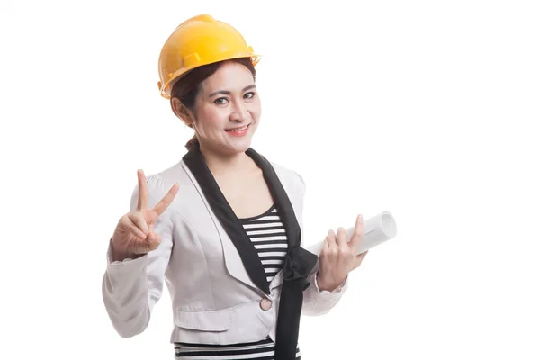 亚洲工程师女人与蓝图显示胜利的手势. — 图库照片