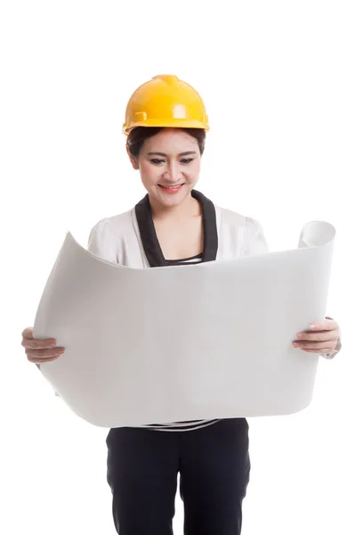 Asian engineer woman with blueprints. — Stock Photo, Image