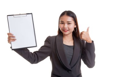 Asya iş kadını göster başparmak yukarıya ve boş Pano.