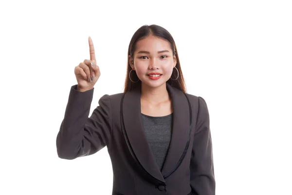 Mujer de negocios asiática tocando la pantalla con su dedo . — Foto de Stock