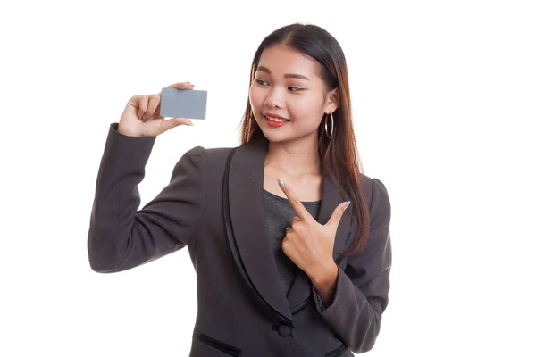 Young Asian business woman point to a blank card. — Stock Photo, Image