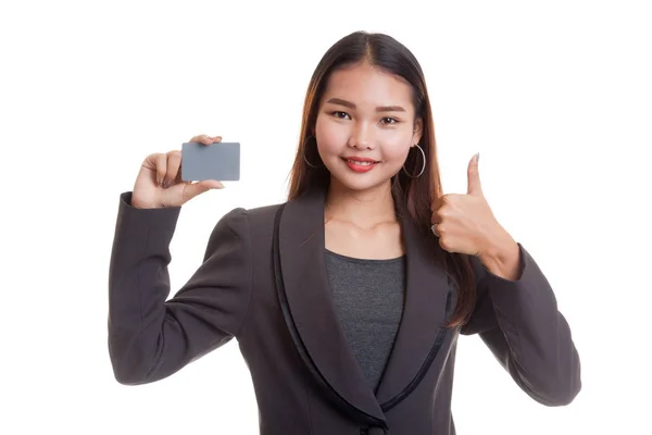 Jovem mulher de negócios asiática polegares para cima com um cartão em branco . — Fotografia de Stock