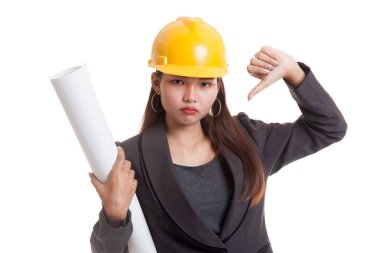 Asya mühendisi kadın başparmak aşağı planları ile.