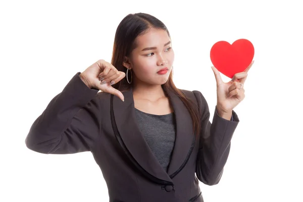 Asiatique femme d'affaires pouces vers le bas avec coeur rouge . — Photo