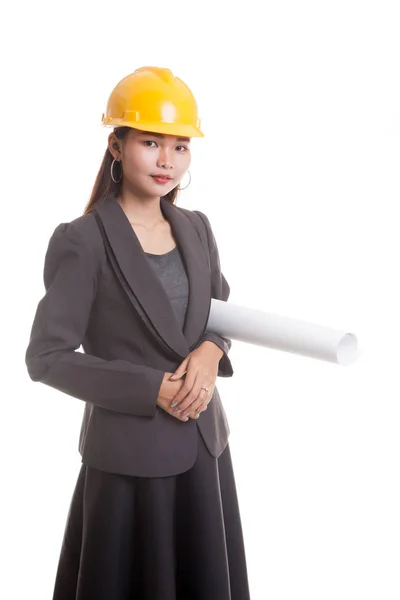 Aziatische ingenieur vrouw met blauwdrukken. — Stockfoto
