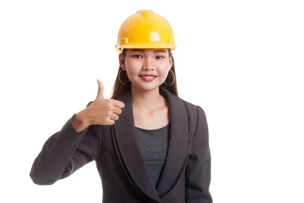 Asiático ingeniero mujer mostrar pulgares arriba . — Foto de Stock