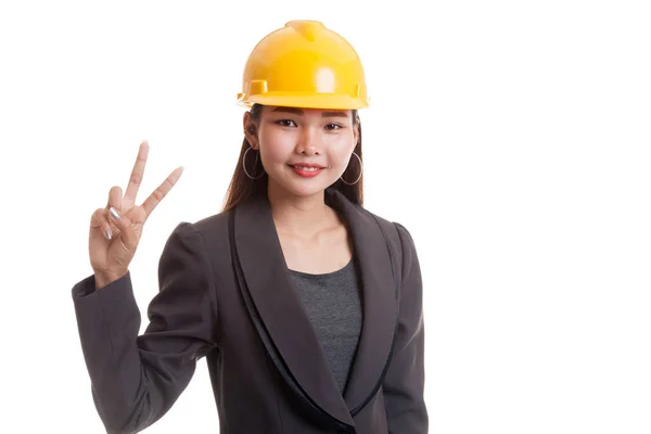 Azjatycki inżynier kobieta Pokaż znak zwycięstwo. — Zdjęcie stockowe