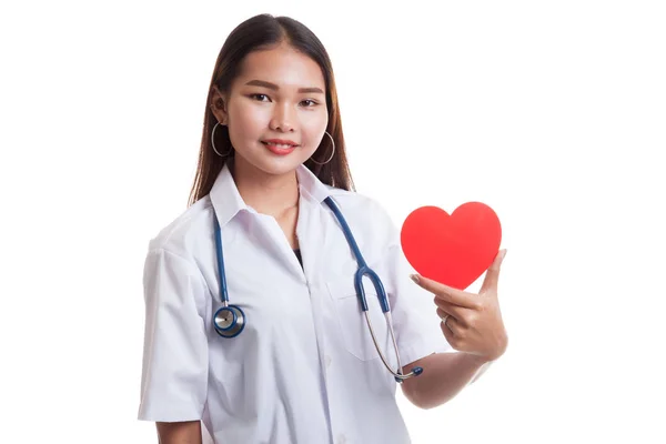 Young Asian female doctor with red heart. — Stock Photo, Image