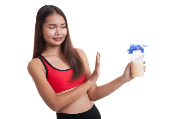 Gyönyörű ázsiai egészséges lány utálom tejsavó-fehérje. — Stock Fotó