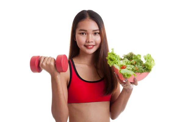 Schöne asiatische gesunde Mädchen mit Hantel und Salat. — Stockfoto