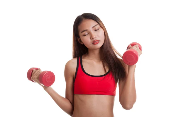 Cansado asiático saludable chica ejercicio con dumbbell . — Foto de Stock