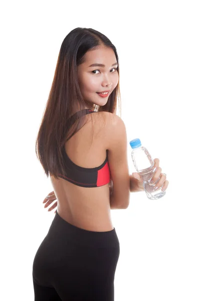 Beautiful Asian healthy girl with bottle of drinking water. — Stock Photo, Image