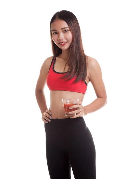 Hermosa chica asiática sana con jugo de tomate . — Foto de Stock